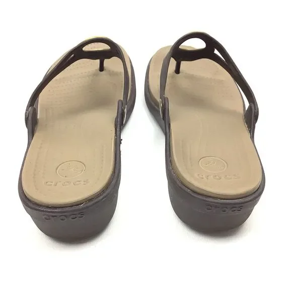Crocs Sanrah Brown Gold Circle Accent Flip Flop Thong Sandals Women 9 Low Wedge - Picture 5 of 14